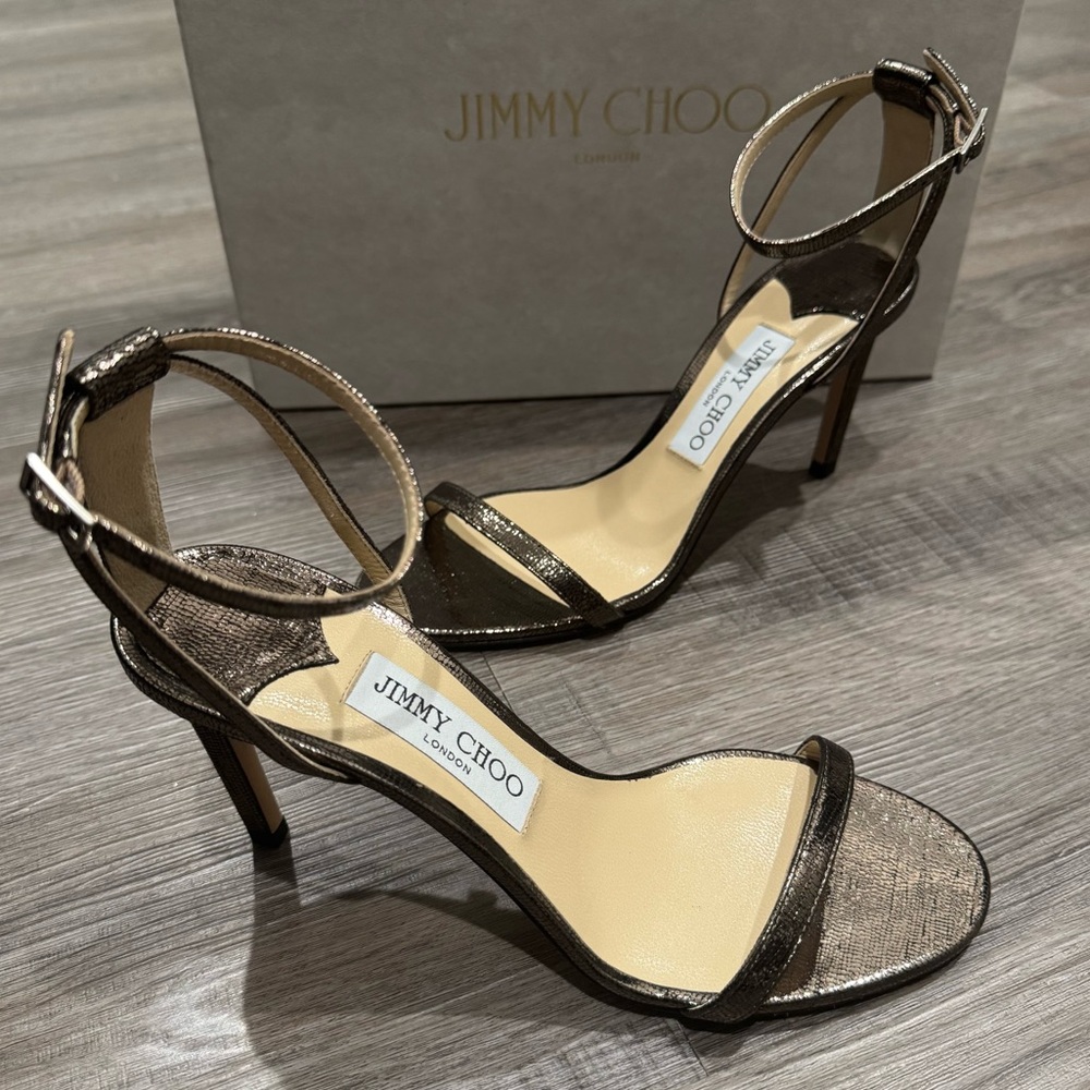 Jimmy Choo Minny 85 mm Anthracite Metallic Lizard Print Leather Sandal Heels